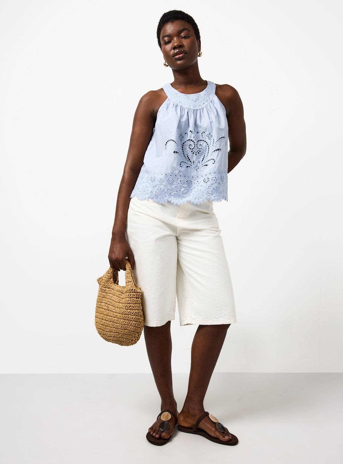 Light Blue Broderie Detail Halter Neck Shell Top 20 - Image 2 thumbnail